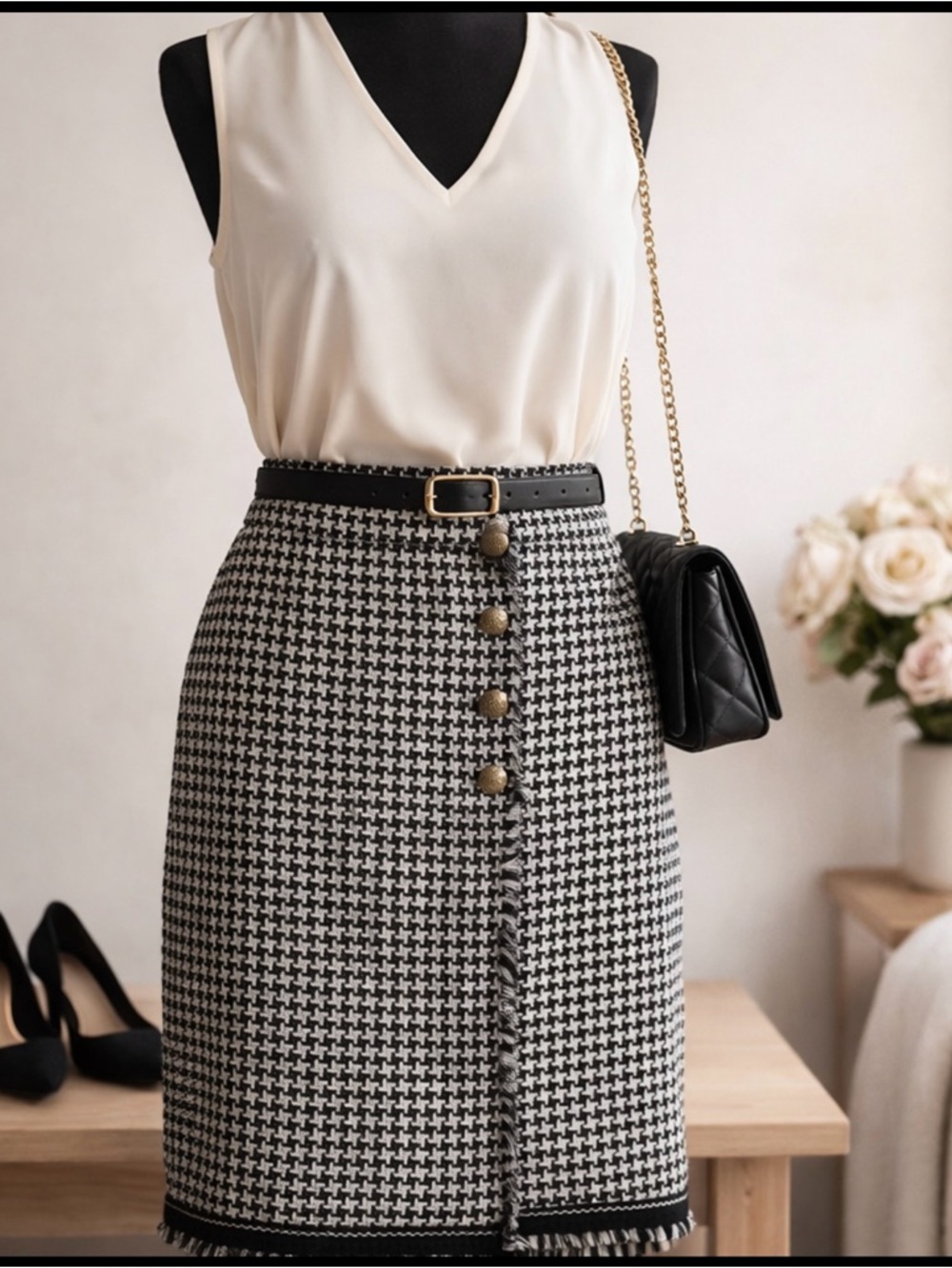 Talbots Black and White Houndstooth Button-Front Midi Skirt